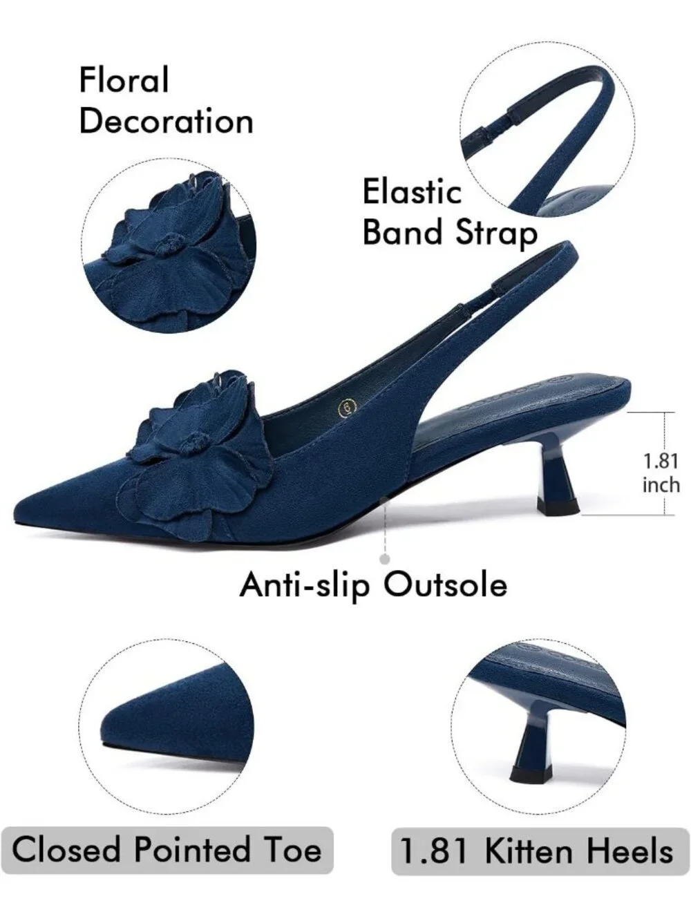 Women's Navy Blue Flower Closed Pointed Toe Slingback Kitten Heels Wedding Pumps